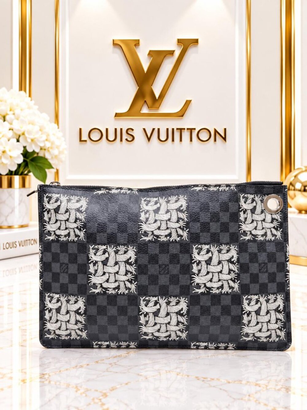 Authentic Louis Vuitton Pochette Jour PM Damier Graphite Rope Print Clutch Bag